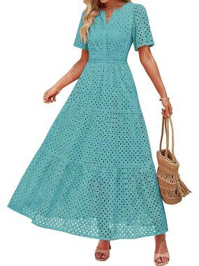Women's Aqua Summer Short Sleeve High Neck V Neck Eyelet A Line Maxi Dresses